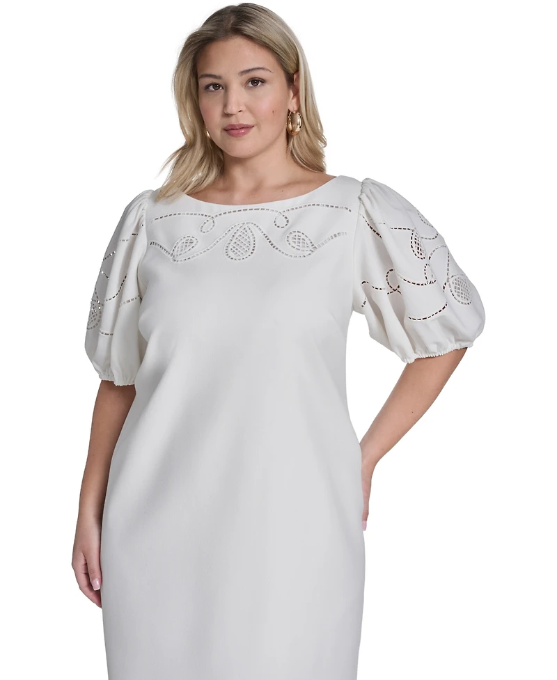 Vince Camuto Plus Puff-Sleeve Boatneck Laser-Cut Dress