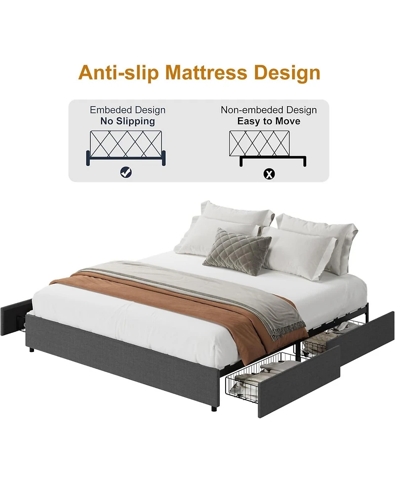 gaomon Platform Bed Frame, Fabric Upholstered with 4 Storage Drawers, No Box Spring Needed, Wooden Slats Support, Noise Free, Easy Assembly