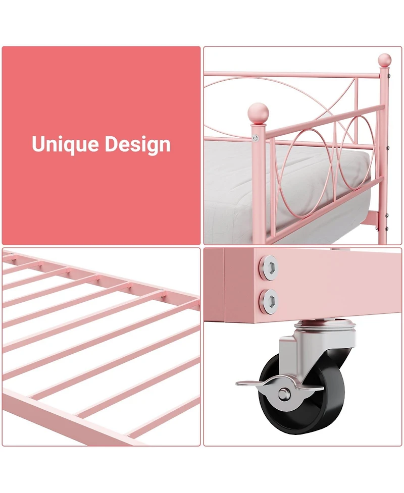 gaomon Daybed Metal Frame with Trundle Platform Sofa Bed Lockable Casters Metal Slats Living Room Bedroom Guest