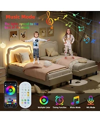 gaomon Twin Upholstered Bed Frame with Smart Led and Adjustable Bear Headboard, Velvet Princess Platform Bed, Wooden Slats Support Kids