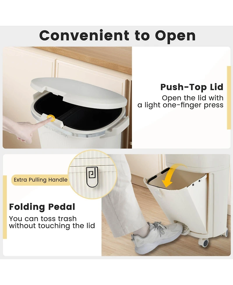 Costway 10 Gallon Kitchen Trash Can with Lid, 2 Removable Buckets, Step Pedal & Wheels