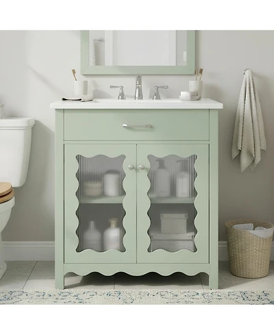 Sillysis 31"Bathroom Vanity with Sink, Tempered Glass Doors & Adjustable Storage for Small Bathrooms