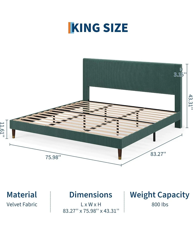 gaomon King Bed Frame with Headboard, Corduroy Upholstered Platform Bed with Wooden Slats Support - No Box Spring Needed & Noise Free, Easy Assembly