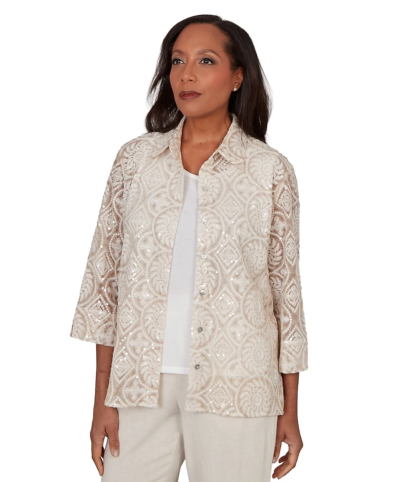 Alfred Dunner Petite Sequin Medallion Two-In-One Collared Top