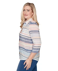 Alfred Dunner Petite Stripe Button-Front Collared Top