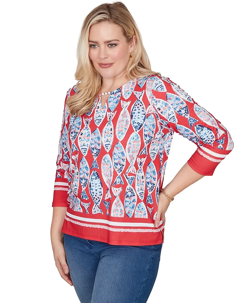 Alfred Dunner Petite Port Side Mosaic Fish Split Beaded Neck Top