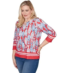 Alfred Dunner Petite Port Side Mosaic Fish Split Beaded Neck Top