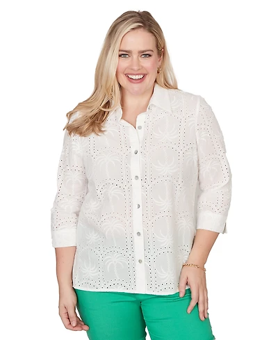 Alfred Dunner Petite Resort Living Eyelet Palm Tree Button-Front Collared Top