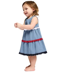 Tommy Hilfiger Baby Girls' Pom-pom Trim Denim A-line Dress and Diaper Cover, 2-Piece Set