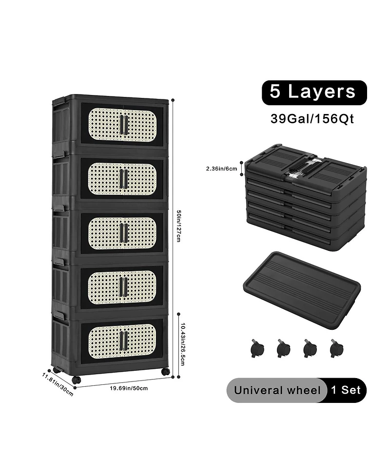 Streamdale Furniture Retro 20" Wide Folding Storage Cabinet, 5 Tiers, Collapsible with Wheels