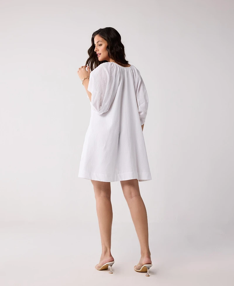 Reistor Women's Puff Sleeved Dress with Drawstring Neckline