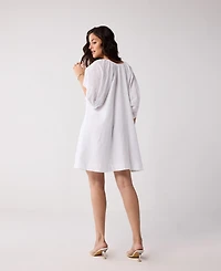 Reistor Women's Puff Sleeved Dress with Drawstring Neckline
