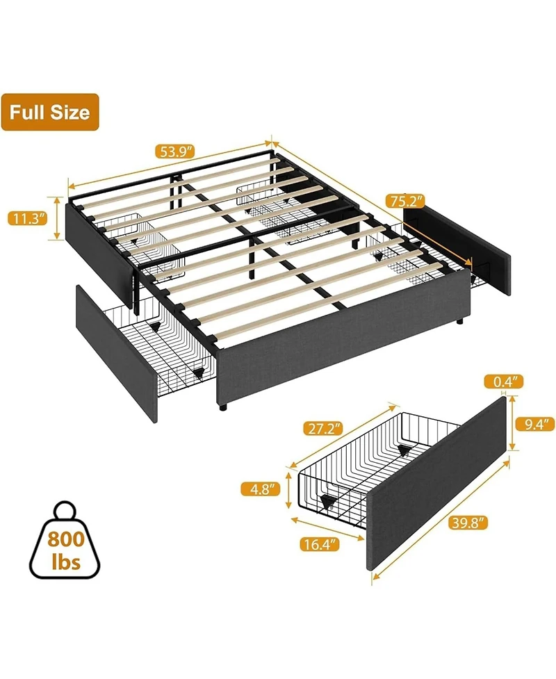gaomon Platform Bed Frame with 4 Storage Drawers and Strong Wooden Slats Support