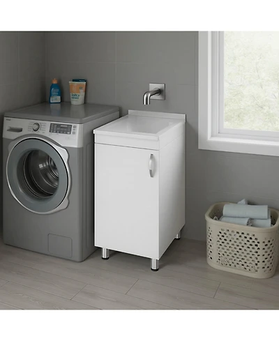 Fm Furniture Slee Compact Utility Sink Cabinet with Storage and Metal Legs for Laundry Room