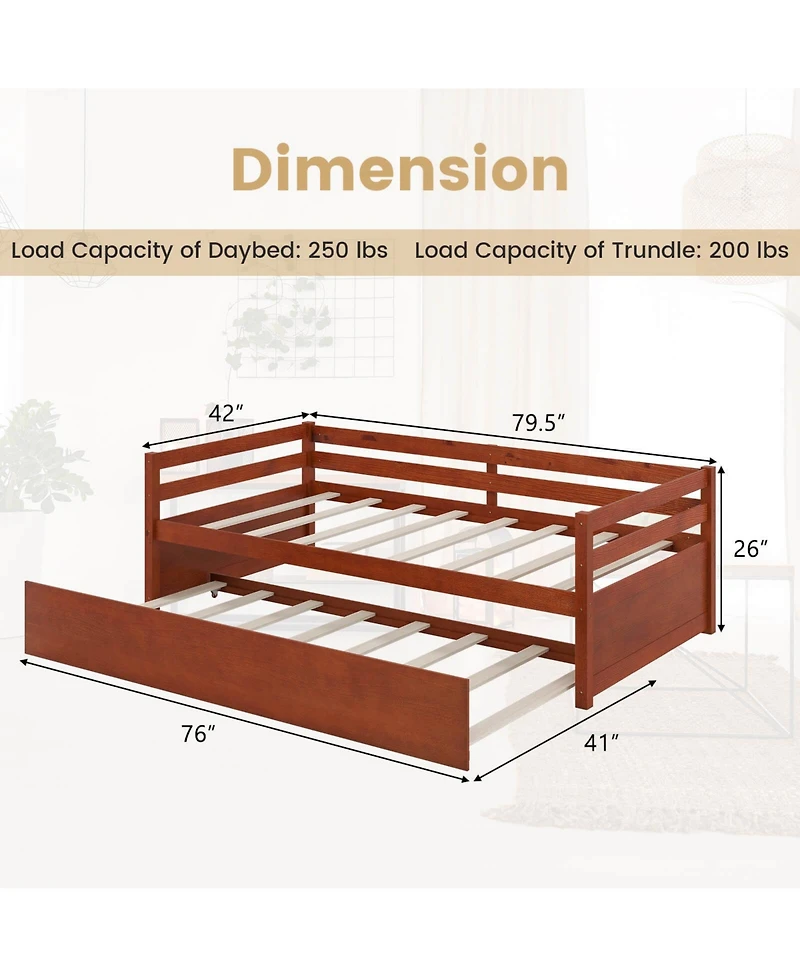 Costway Twin Size Trundle Daybed Wooden Slat Support Mattress Platform for Kids