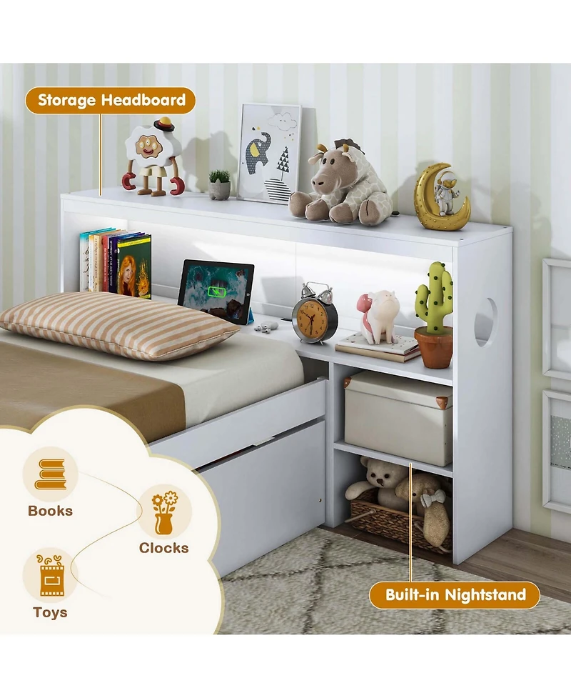 Twin Size Bed Frame with Led Light & Power Outlet Bookcase Headboard Drawers