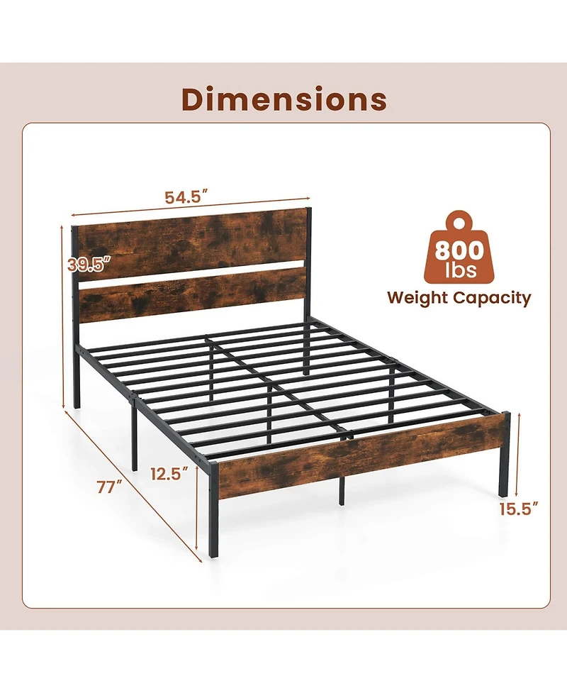 Full Size Bed Frame with Wooden Headboard Under-Bed Storage No Box Spring Needed