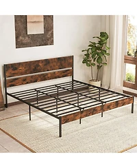 King Size Bed Frame with Wooden Headboard Under-Bed Storage No Box Spring Needed