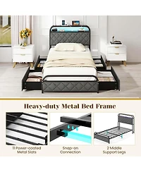 Twin Size Bed Frame with Led Lights & Charging Station Storage Headboard & Drawers