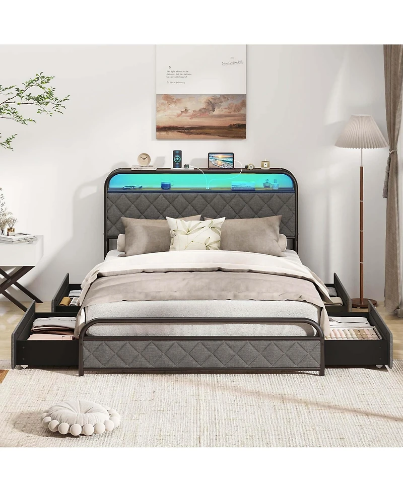 Full Size Bed Frame with Led Lights & Charging Station Storage Headboard & Drawers