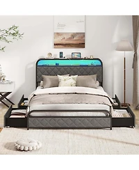 Full Size Bed Frame with Led Lights & Charging Station Storage Headboard & Drawers