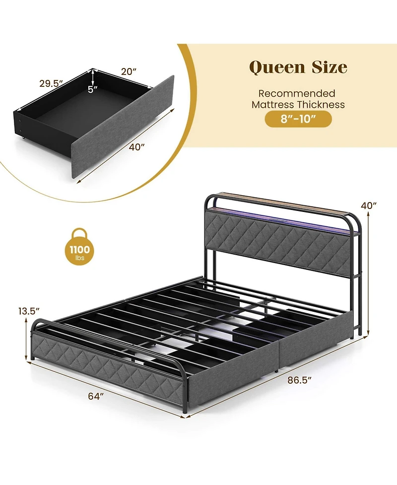 Queen Size Bed Frame with Led Lights & Charging Station Storage Headboard & Drawers