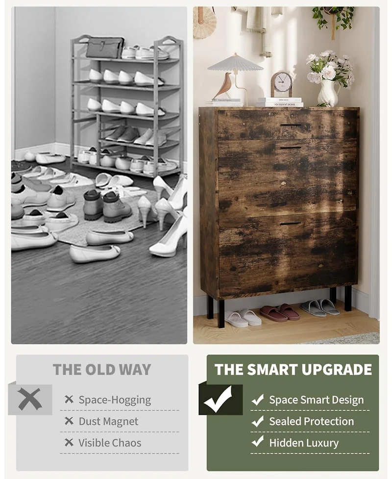 gaomon Space Saving Narrow Shoe Cabinet for Entryway,3 Turn Drawers Freestanding Wooden Shoe Organizer,Adjustable Shelves,Fits Slippers Sneakers Heels