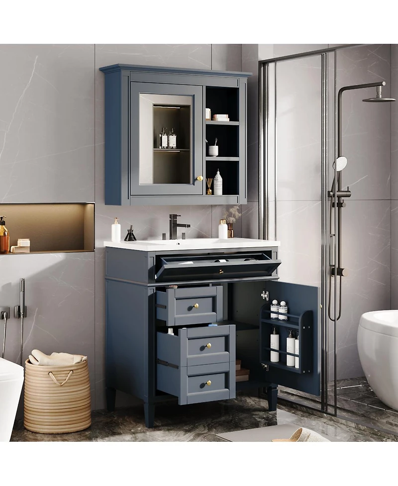 Sillysis 30'' Bathroom Vanity Set with Mirror Cabinet, Solid Wood & Mdf, Soft Close Drawers, Ample Storage for Modern Bathrooms