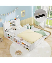 Twin Size Bed Frame with Trundle & Power Outlet Bookcase Headboard Sliding Doors