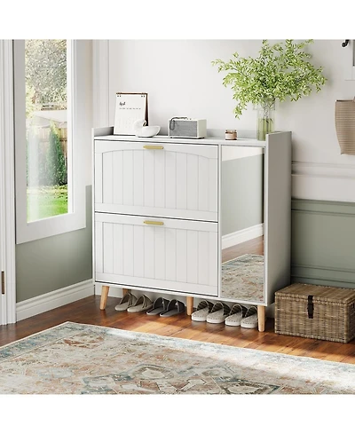 gaomon White Wooden Shoe Cabinet with Mirror 2 Flip Drawers and Side Storage Cabinet Freestanding Modern Shoe Storage with Adjustable shelves