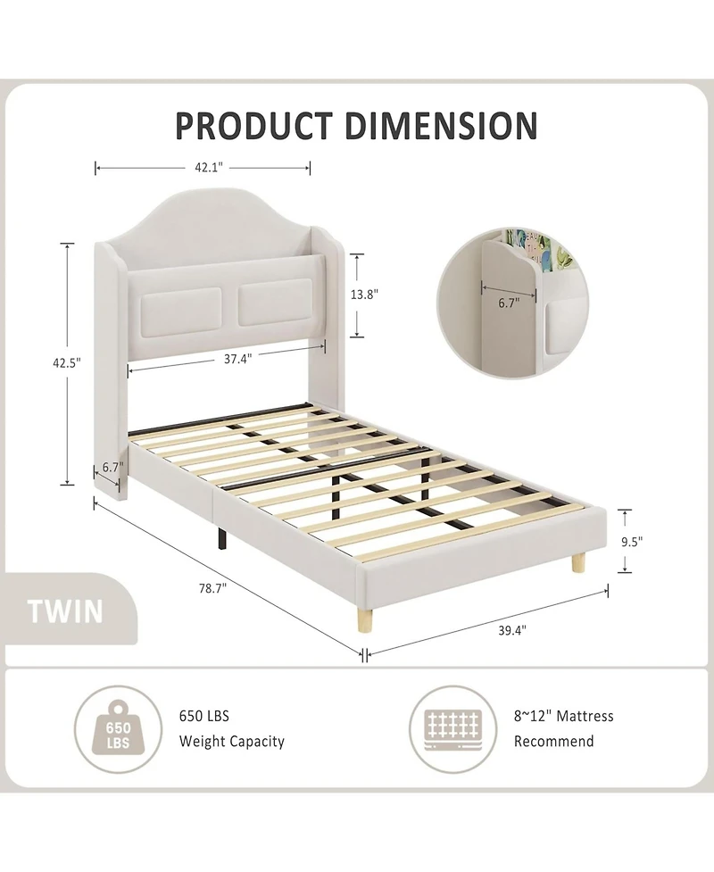 gaomon Twin Bed Frames for Kids, Wingback Velvet Platform with Led Lights, Upholstered Storage Headboard, Wooden Slats Support