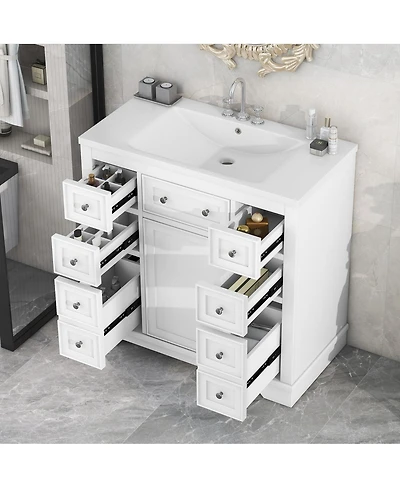Sillysis 36" Bathroom Vanity with Ceramic Sink, Solid Wood Mdf Cabinet with 6 Drawers, Adjustable Shelf for Storage