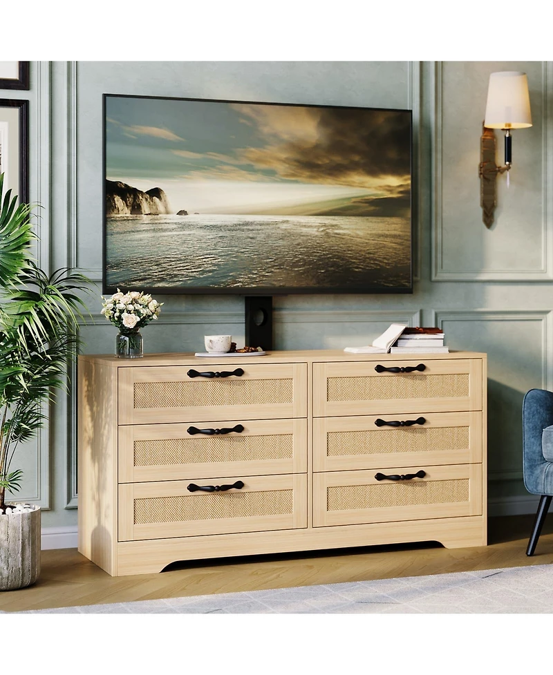 gaomon Tv Stand with Mount, 47.2" Modern Entertainment Center 6-Drawer Rattan Dresser