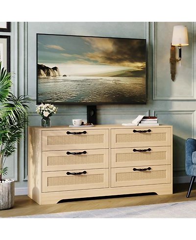 gaomon Tv Stand with Mount, 47.2" Modern Entertainment Center 6-Drawer Rattan Dresser