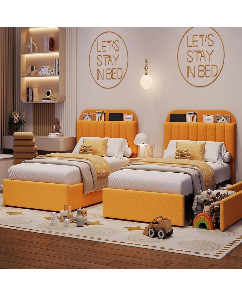 gaomon Boucle Upholstered Platform 2 Storage Drawers Bookcase Headboard Noise-Free Easy Assembly No Box Spring Children Bed