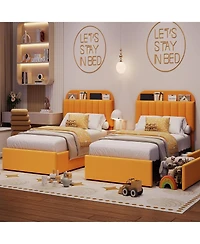 gaomon Boucle Upholstered Platform 2 Storage Drawers Bookcase Headboard Noise-Free Easy Assembly No Box Spring Children Bed