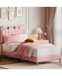 gaomon Twin Bed Frame Upholstered Platform Wooden Slats Bookcase Headboard Support Boys Girls Teens No Box Spring