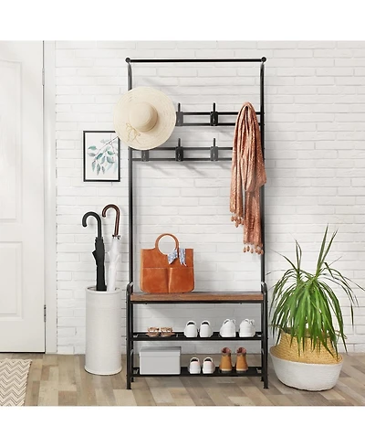gaomon Hall Tree with Entryway Bench with Coat Rack Shoe Rack Bench, 3 in 1 Hall Tree with Bench and Shoe Storage, 3-Tier Storage Shelf and 8 Hooks
