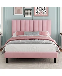 gaomon Full Bed Frame, Velvet Upholstered Platform with Adjustable Vertical Channel Tufted Headboard, No Box Spring Needed, Easy Assembly