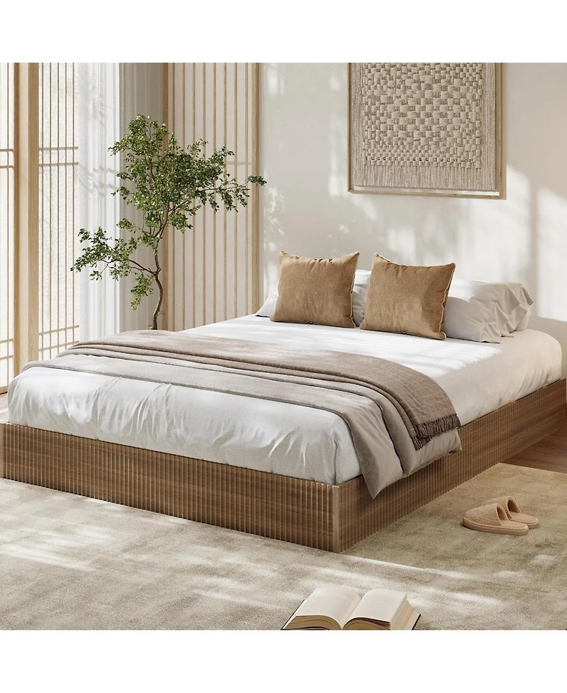 gaomon California Bed Frame, Wood Platform Bed with Fluted Design, Low Profile BedFrame, Minimalist Bed Base with Noise-Free