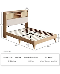 gaomon Rattan Bed Frame with Sliding Door Shelf Headboard, Bohemian Rattan Bed Frame Size with Shelves, Solid Wood Foundation with Silent Slats