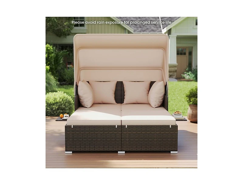 Slickblue Outdoor Rattan Daybed with Canopy Shade and Side Table Storage