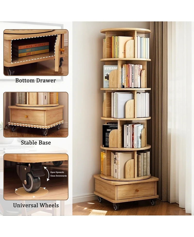 Rainsken 6 Tier Rotating Bookshelf with Drawers On Wheel