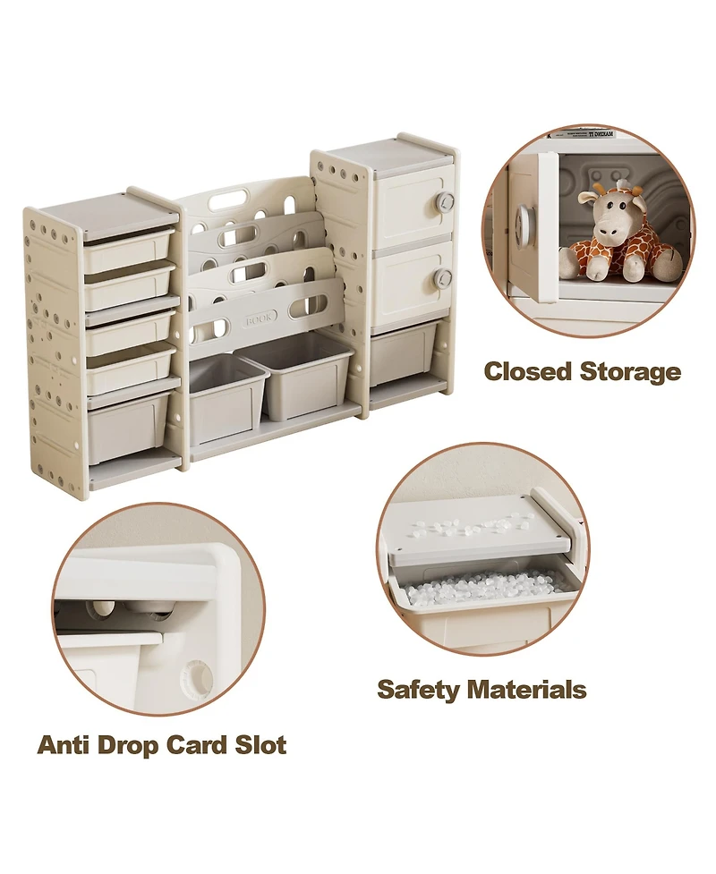 Rainsken 4-Tier Kids Bookshelf, Book Display Stand, Toy Storage Organizer with 8 Bins and 2 Cabinet for Playroom, Bedroom, Kids Room