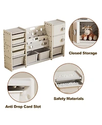 Rainsken 4-Tier Kids Bookshelf, Book Display Stand, Toy Storage Organizer with 8 Bins and 2 Cabinet for Playroom, Bedroom, Kids Room