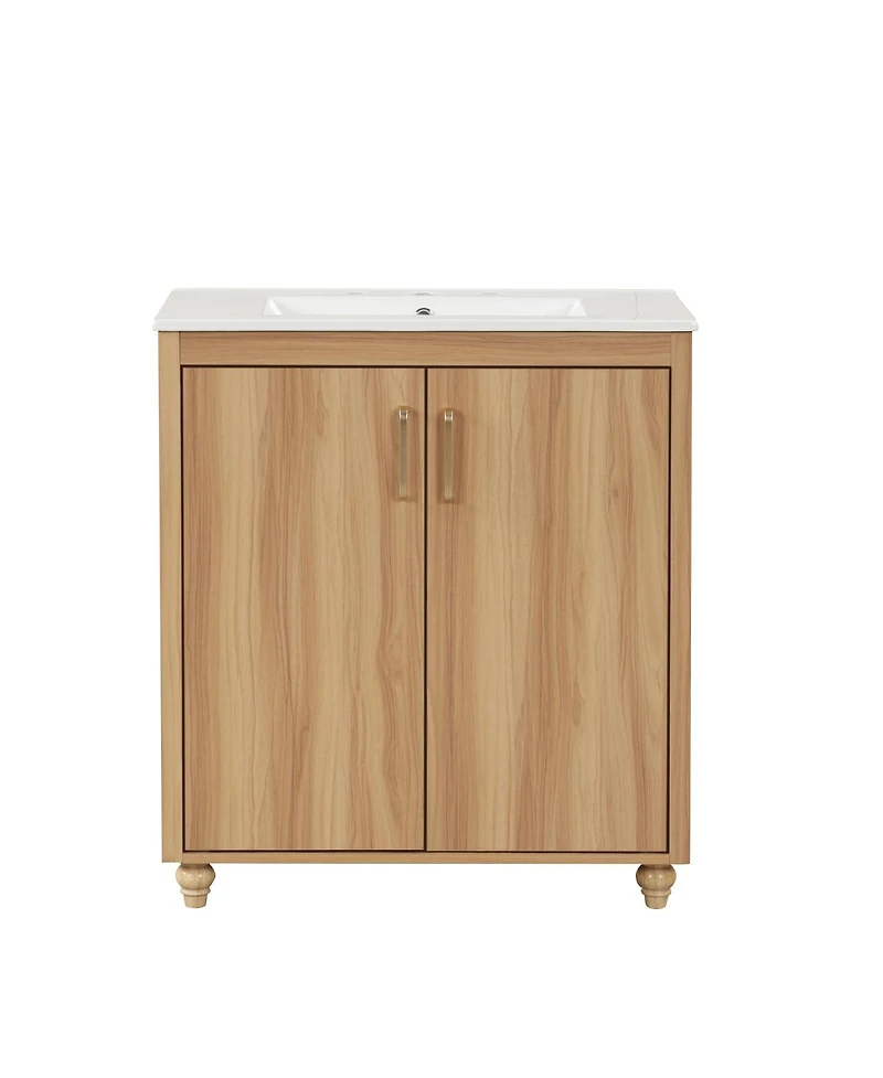 Sillysis 30" Bathroom Vanity with Ceramic Sink, Natural Solid Wood & Mdf Cabinet, Adjustable Shelf, Drawer Storage for Modern Bathrooms-Sillysis