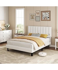 gaomon Full Bed Frame, Velvet Upholstered Platform with Adjustable Vertical Channel Tufted Headboard, No Box Spring Needed, Easy Assembly