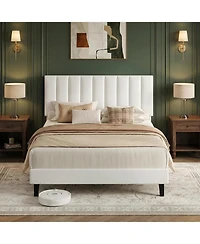 gaomon Full Bed Frame, Velvet Upholstered Platform with Adjustable Vertical Channel Tufted Headboard, No Box Spring Needed, Easy Assembly