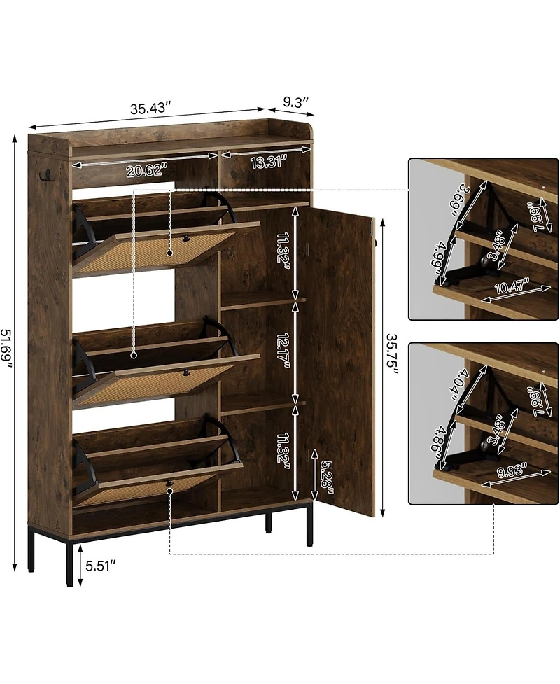 gaomon Shoe Cabinet with 3 Flip Drawers Rattan Freestanding Organizer with Adjustable Shelves Metal Knob Narrow Shoe Rack Cabinet Shoe Organizer