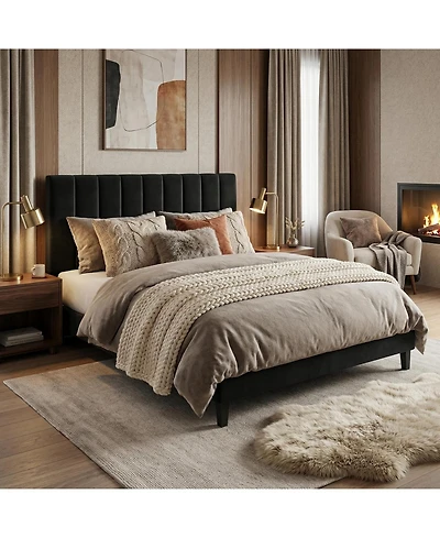 gaomon Bed Frame, Velvet Upholstered Platform with Adjustable Vertical Channel Tufted Headboard, No Box Spring Needed